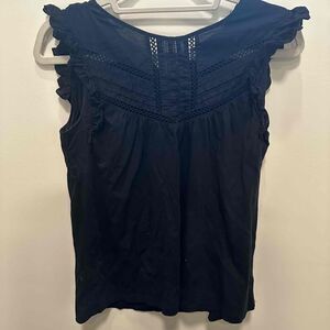 Point Sur Womens SummCasual Blouse Size Small Navy Blue Short Sleeve Lace Detail